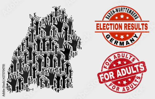 Vote Baden-Wurttemberg Land map and seals. Red rounded For Adults scratched seal stamp. Black Baden-Wurttemberg Land map mosaic of raised volunteer arms. Vector combination for referendum results,