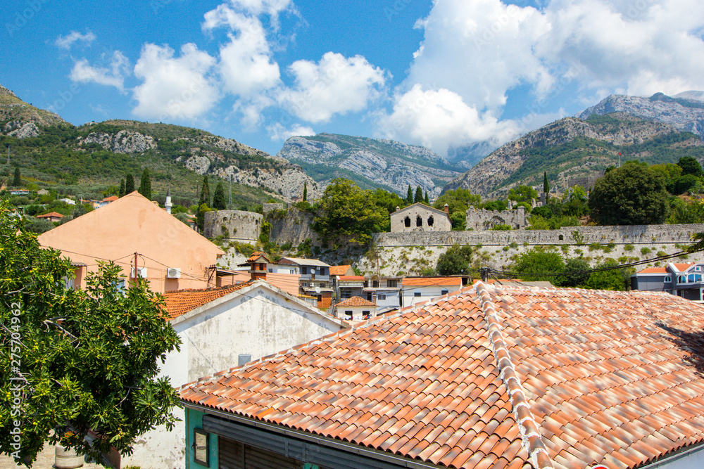 Panoramic view of ruins of ancient old town of Bar and beautiful natural landscape with mountain ranges, Bar, Montenegro
