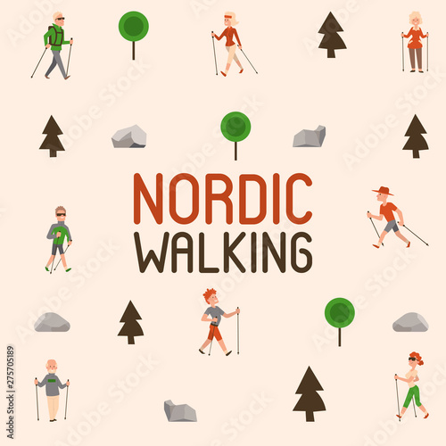 Nordic walking sport people leisure sport time vector illustration. Active nordwalk man and woman summer exercise. Outdoor fitness healthy active characters. Trekking friends walker person.
