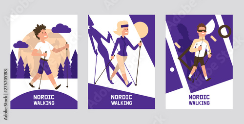 Nordic walking supplies people leisure sport time cards vector illustration. Active nordwalk man and woman summer exercise. Outdoor fitness active characters. Trekking walker jogging person.