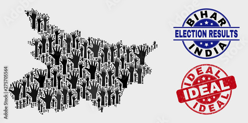 Election Bihar State map and stamps. Red round Ideal grunge stamp. Black Bihar State map mosaic of raised up vote arms. Vector composition for election results, with Ideal seal stamp.