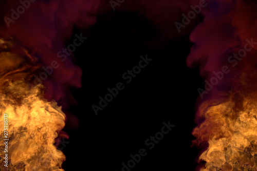 fantasy melting hell on black, frame with heavy smoke - fire from the left and right corners - fire 3D illustration
