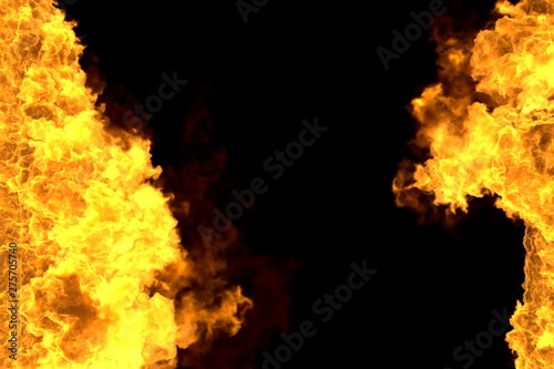 magic glowing fire frame isolated on black - fire lines from sides left and right, top and bottom are empty - fire 3D illustration