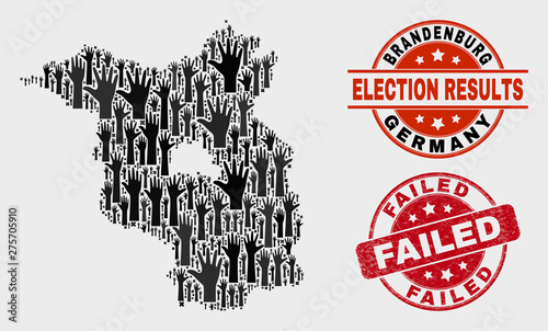 Vote Brandenburg Land map and seal stamps. Red rounded Failed scratched seal. Black Brandenburg Land map mosaic of upwards ballot arms. Vector combination for referendum results,