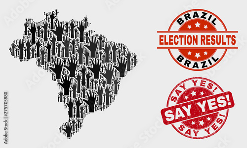 Election Brazil map and seal stamps. Red round Say Yes! distress watermark. Black Brazil map mosaic of raised election hands. Vector composition for referendum results, with Say Yes! seal.