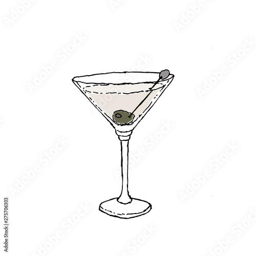 Martini Dry Cocktail Color Digital drawing vector illustration. Glass on white isolated background