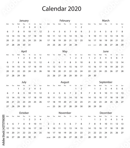 Calendar 2019 2020 year - vector illustration. Week starts on Monday
