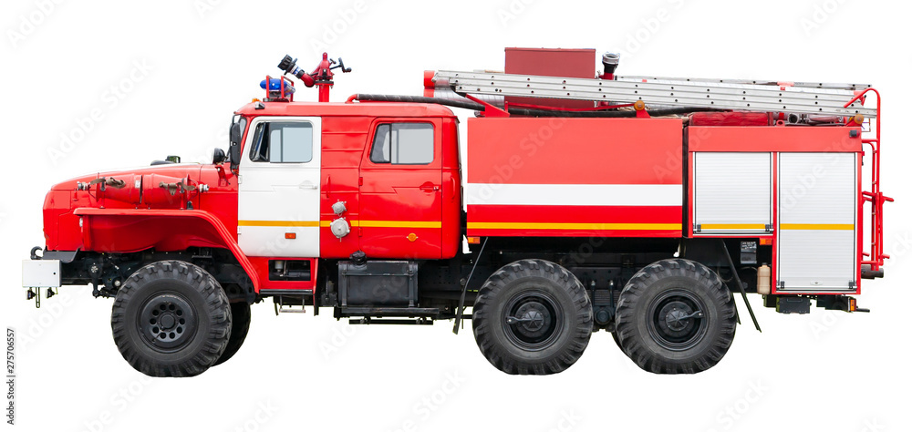 Fire rescue vehicle, side view. Big red rescue car of Russia, isolated on  white. Stock Photo