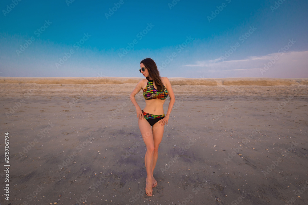  Woman sand beach, bikini, sunglasses