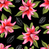 seamless lily  flower and leave pattern