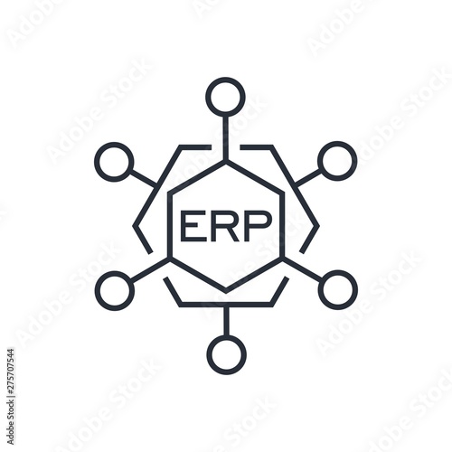 ERP system, Enterprise resource planning.Business automation and innovation.Vector linear icon, white background.