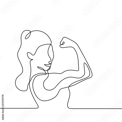 Strong women continuous one line drawing minimalist design on white background. Power of women gesture of supergirl minimalism style.