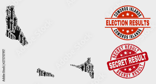 Electoral Comoros Islands map and seal stamps. Red rounded Secret Result grunge seal. Black Comoros Islands map mosaic of raised up solution hands. Vector collage for referendum results,