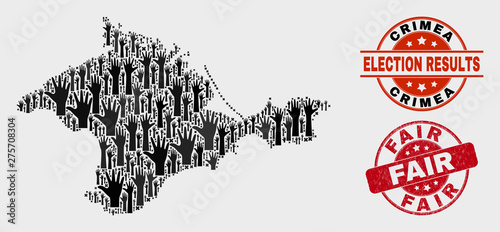 Electoral Crimea map and seal stamps. Red round Fair grunge seal. Black Crimea map mosaic of raised up referendum hands. Vector combination for referendum results, with Fair seal.