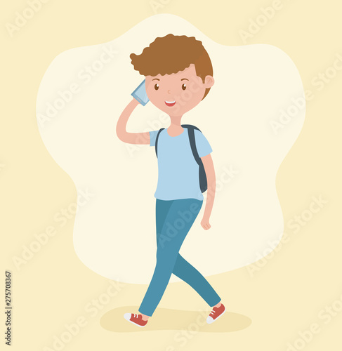 young boy walking using smartphone