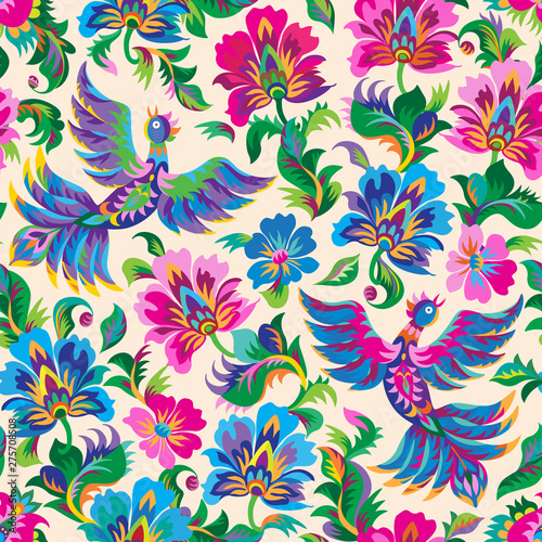 Decorative floral seamless pattern in Ukrainian folk painting style. Bright fantasy birds, flowers, leaves on a beige background. Batik, book cover, poster, textile print, wallpaper, wrapping paper