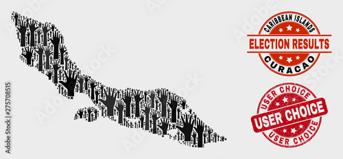 Ballot Curacao Island map and stamps. Red round User Choice distress watermark. Black Curacao Island map mosaic of raised up ballot arms. Vector composition for ballot results,