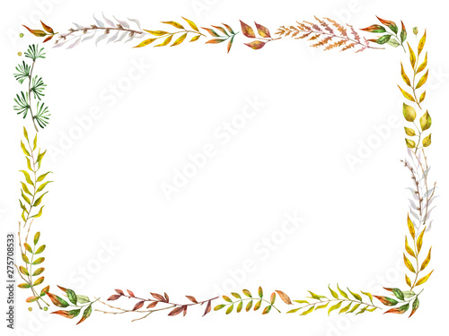 Herbal mix vector frame. Hand painted plants, branches and leaves on white background. Natural fall card design.