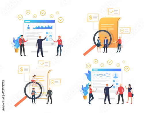 Collection of business analysts viewing survey results. Group of people making research. Vector illustration for banner, commercial, presentation