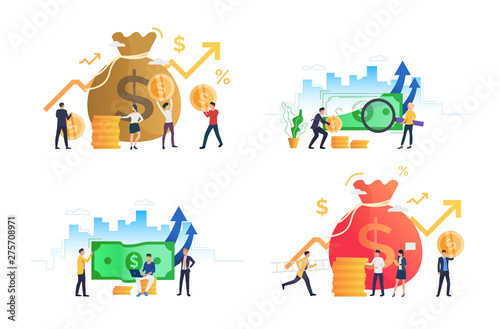 Collection of financiers handling big financial transactions. Flat cartoon characters with sack of money and stacks of coins counting budget. Vector illustration for commercial, audit, bookkeeping