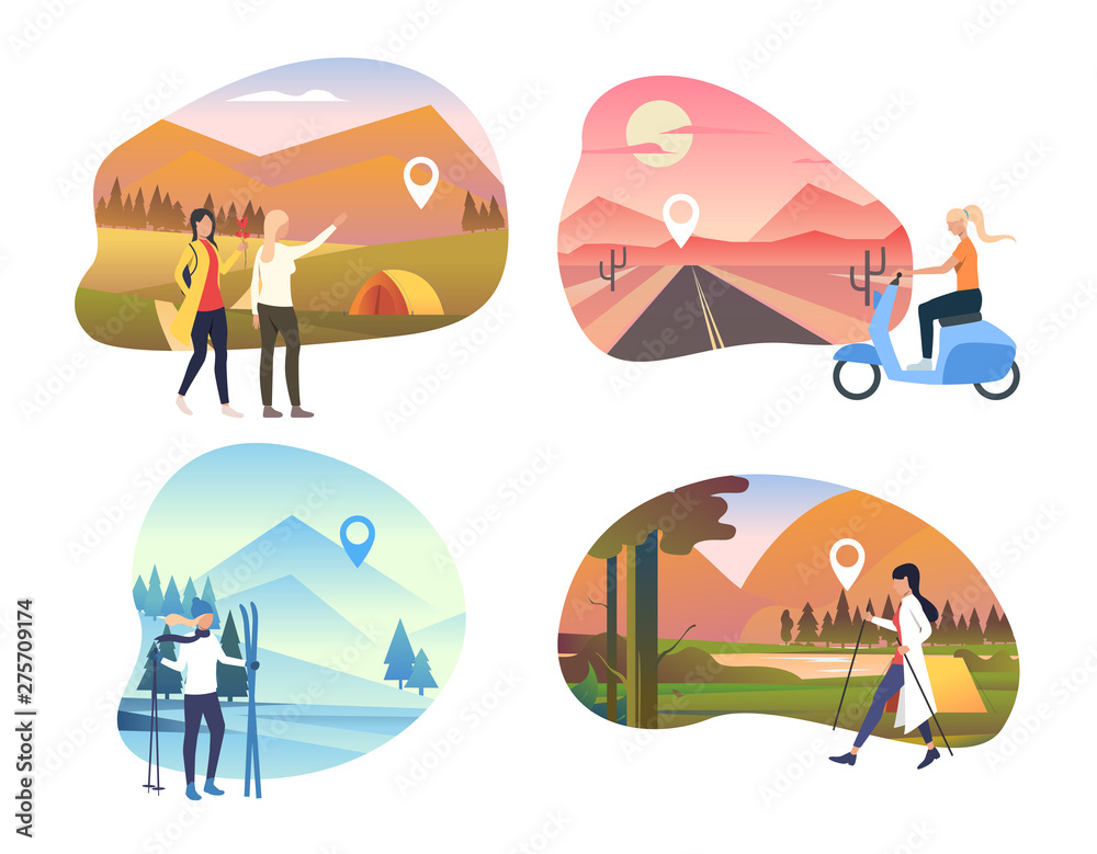 Plakat Collection of women travelling world. Flat cartoon characters hiking in hills. Can be used for brochure, tourism, adventure