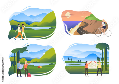 Set of backpackers travelling in mountains. Flat cartoon characters walking in hills. Vector illustration for nature, guide, tourism, hiking tour