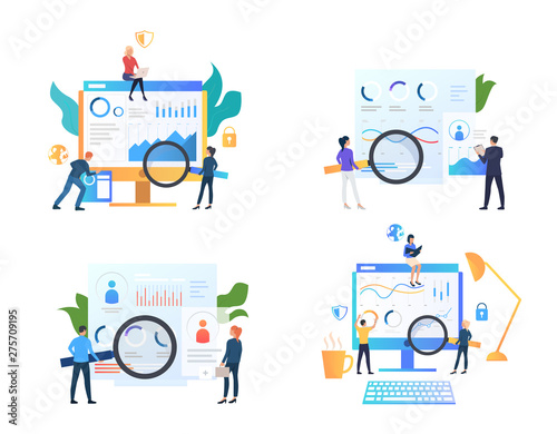 Set of business people analyzing charts. Group of small men and women working with data. Vector illustration for sales report, finance, presentation