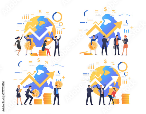 Set of managers excited about income. Group of businessmen and businesswomen increasing sales around world. Can be used for commercial, promo, banner