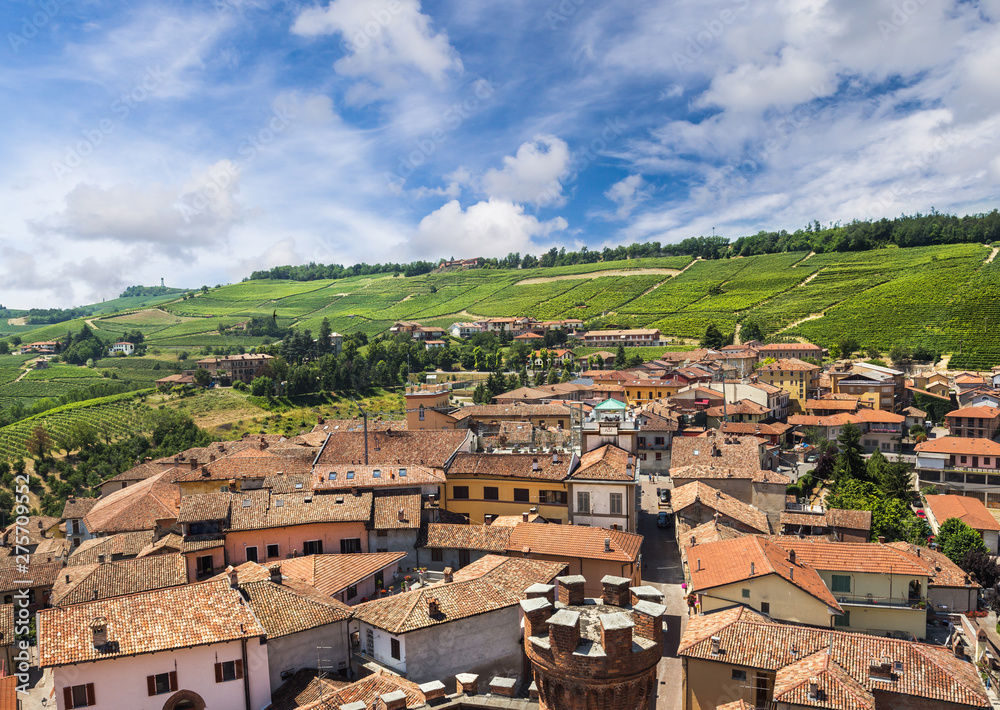 Panorama of the hilly region of the Langhe, Piedmont, Italy