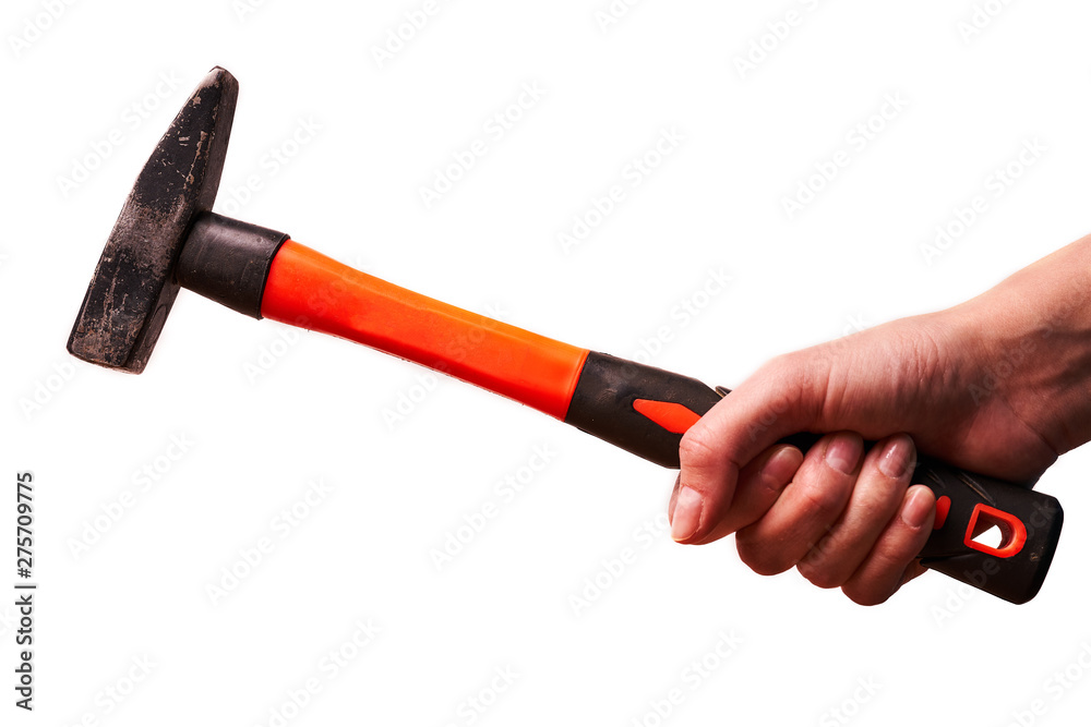 Girl holding a hammer isolated on white background Girl holding a hammer isolated on white background