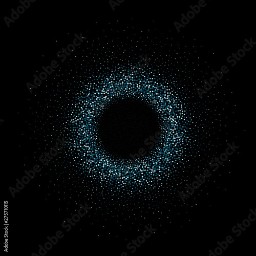Round blue tinsel frame on black background. Vector illustration. Holiday card design.