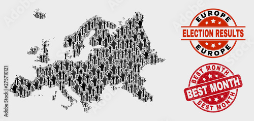 Election Europe map and seals. Red round Best Month scratched seal stamp. Black Europe map mosaic of raised referendum arms. Vector combination for election results, with Best Month seal stamp.