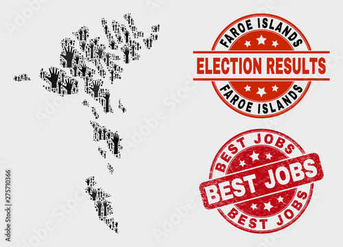 Poll Faroe Islands map and seal stamps. Red rounded Best Jobs textured stamp. Black Faroe Islands map mosaic of raised up like hands. Vector combination for referendum results,