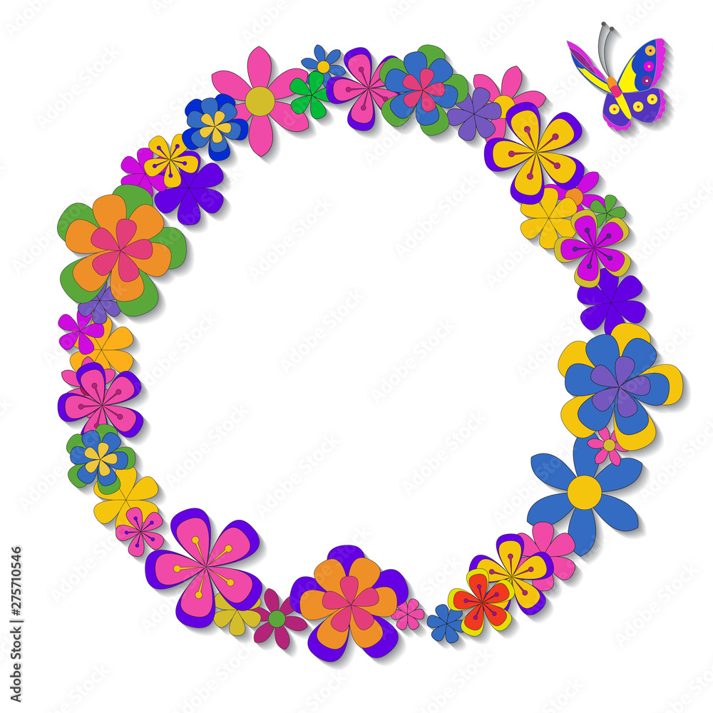 Greeting card template with space for text. Round floral frame with butterfly. Greeting card template with space for text. Round floral frame with butterfly.