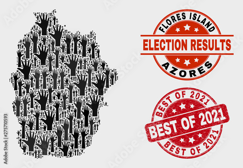 Ballot Flores Island of Azores map and seal stamps. Red rounded Best of 2021 scratched seal. Black Flores Island of Azores map mosaic of upwards agree hands. Vector composition for referendum results,