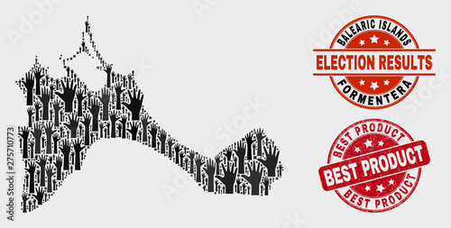 Democracy Formentera Island map and seal stamps. Red rounded Best Product scratched seal stamp. Black Formentera Island map mosaic of raised up solution arms. Vector collage for referendum results,