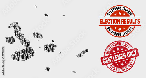 Political Galapagos Islands map and seal stamps. Red round Gentlemen Only textured seal stamp. Black Galapagos Islands map mosaic of upwards vote arms. Vector combination for referendum results,