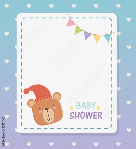 baby shower square card with little bear teddy and garlands