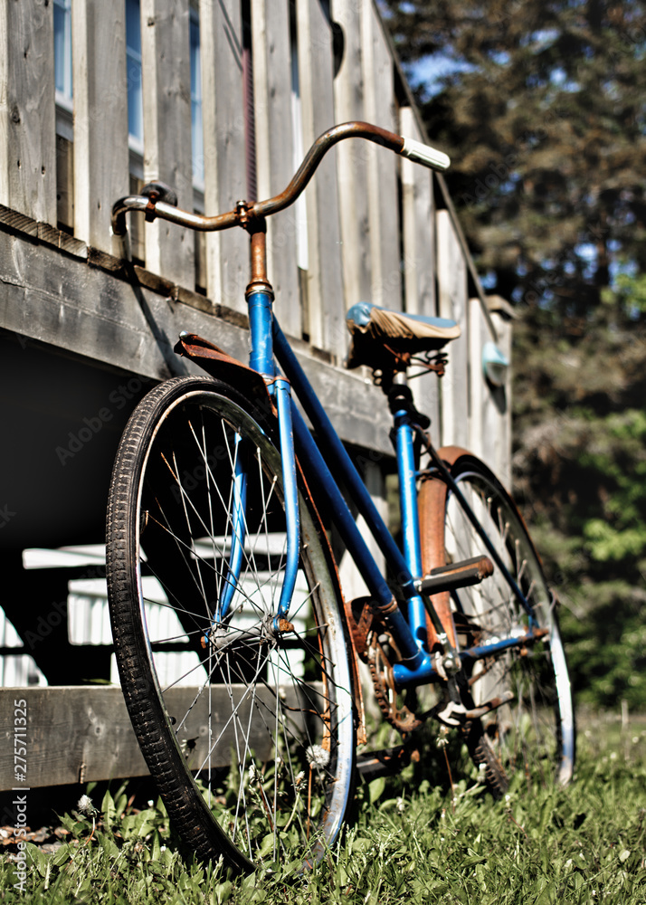 Fototapeta premium Old rusty bicycle leaning on doorstep.
