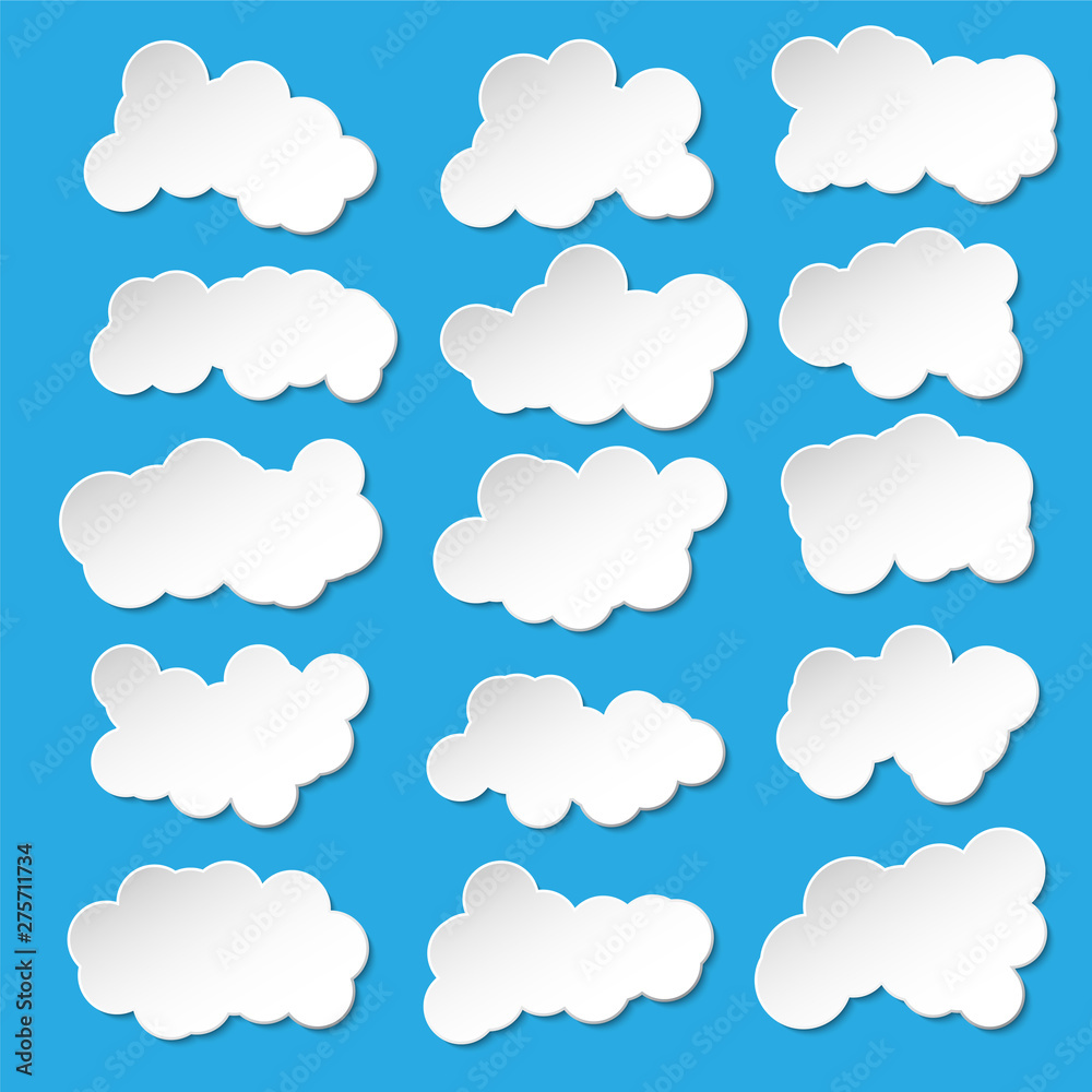 Vector set of abstract paper clouds on blue background.