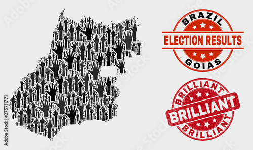 Vote Goias State map and stamps. Red rounded Brilliant scratched seal. Black Goias State map mosaic of raised vote hands. Vector combination for ballot results, with Brilliant seal.