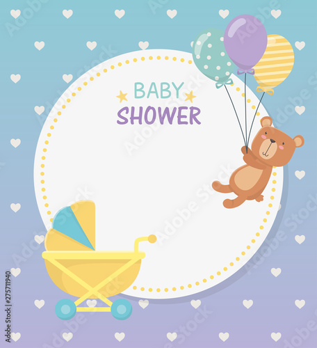 baby shower circular card with bear teddy in baby cart
