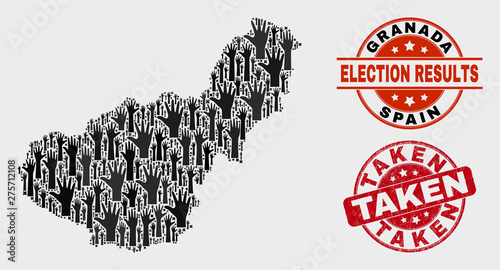 Election Granada Province map and seals. Red round Taken scratched seal stamp. Black Granada Province map mosaic of raised choice hands. Vector collage for election results, with Taken seal.
