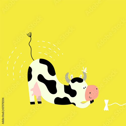 Cow cartoon. Cute funny farm milk animal character in action pose -  cow playing with  a bow. Vector funny mascot. Illustration of farm cow animal.