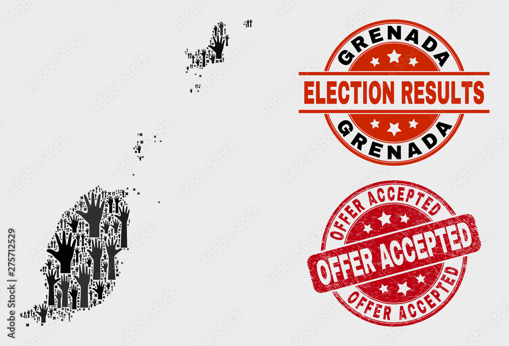 Election Grenada map and watermarks. Red round Offer Accepted distress