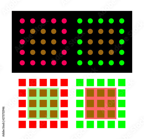 Vector optical illusion of colors. Isolated red, green and brown colors and red and green colors with filter in context, where we do not see the brown color. Color constancy. 