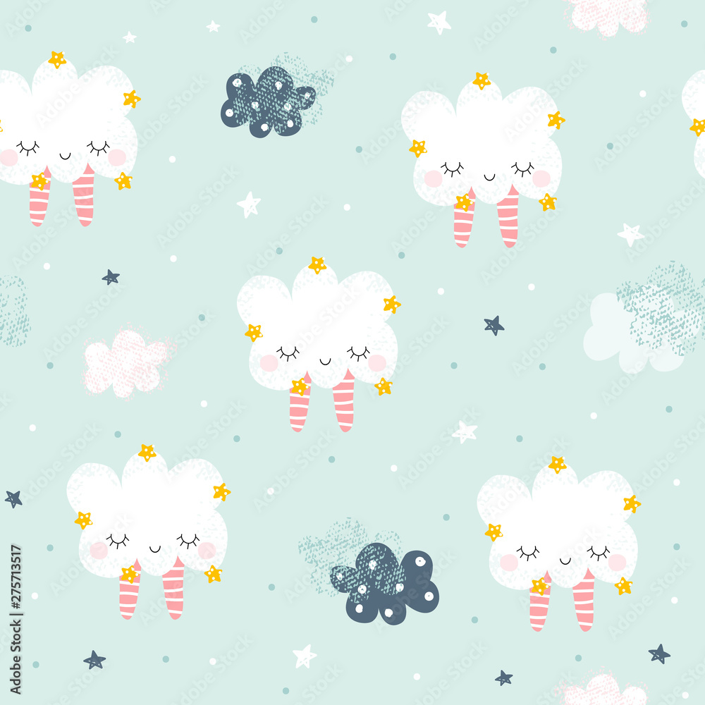 Pastel seamless pattern with little cloud and stars. Childish cute print. Vector hand drawn illustration. Pastel seamless pattern with little cloud and stars. Childish cute print. Vector hand drawn illustration.