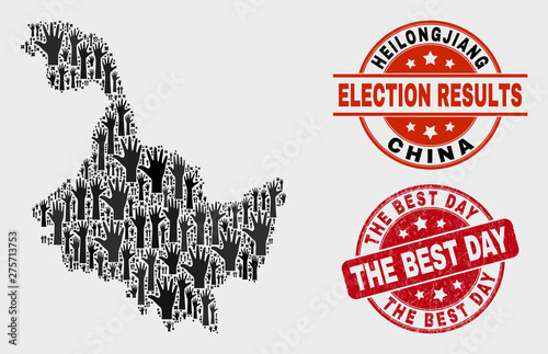 Democracy Heilongjiang Province map and stamps. Red round The Best Day distress seal stamp. Black Heilongjiang Province map mosaic of raised support hands. Vector combination for referendum results,