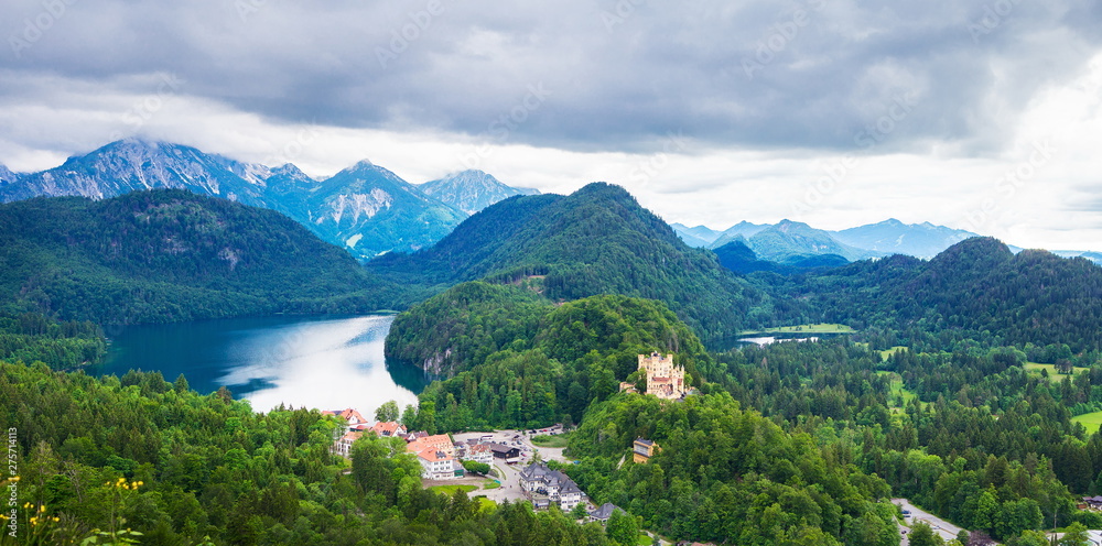 panorama of mountains and Hohen Schwangau castle in Germany