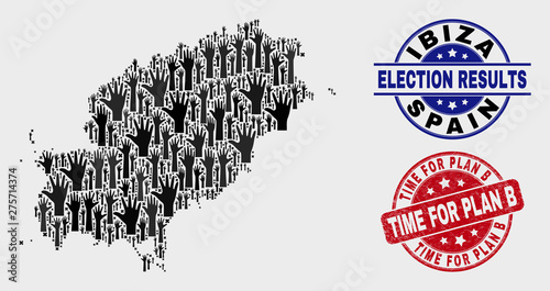 Electoral Ibiza Island map and seals. Red rounded Time for Plan B textured seal stamp. Black Ibiza Island map mosaic of upwards help hands. Vector combination for referendum results,
